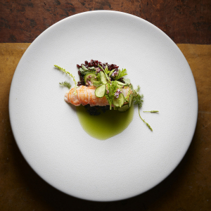 Les Apothicaires - Langoustine cuite à la vapeur de Verveine, riz noir grill eau de concombre et herbes et fleurs d'été © Thomas Dhellemmes